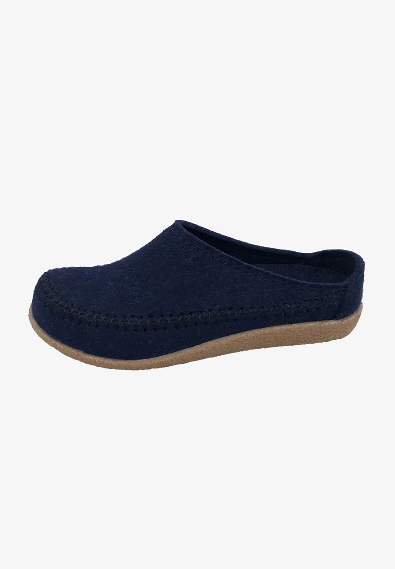 Navy felt clog with a rounded toe, stitched detailing along the edge, and a brown textured outsole for grip. No back support.