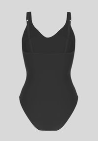 Svart baddräkt i en bit med justerbara band, en mjuk yta och en klassisk design. Har en låg rygg och inga ytterligare dekorationer.