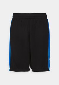 Svarta träningstights med blå sidopaneler, elastisk midja och slät textur. Har en liten vit logotyp på nedre vänstra sidan.