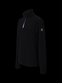 Pullover di pile nero a maniche lunghe con colletto alto, zip frontale parziale e patch del logo sulla parte superiore sinistra della manica.