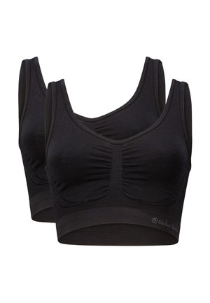 Dos sujetadores deportivos negros sin costuras con tirantes anchos y detalle fruncido en la parte delantera, apilados sobre un fondo blanco.