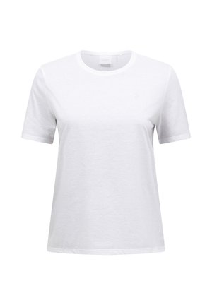 Schlichtes weißes Baumwoll-T-Shirt mit kurzen Ärmeln und Rundhalsausschnitt, von vorne auf weißem Hintergrund gezeigt.