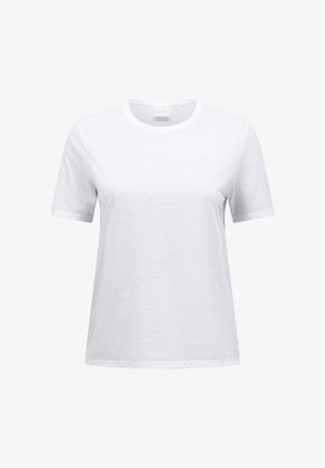 Schlichtes weißes Baumwoll-T-Shirt mit kurzen Ärmeln und Rundhalsausschnitt, von vorne auf weißem Hintergrund gezeigt.