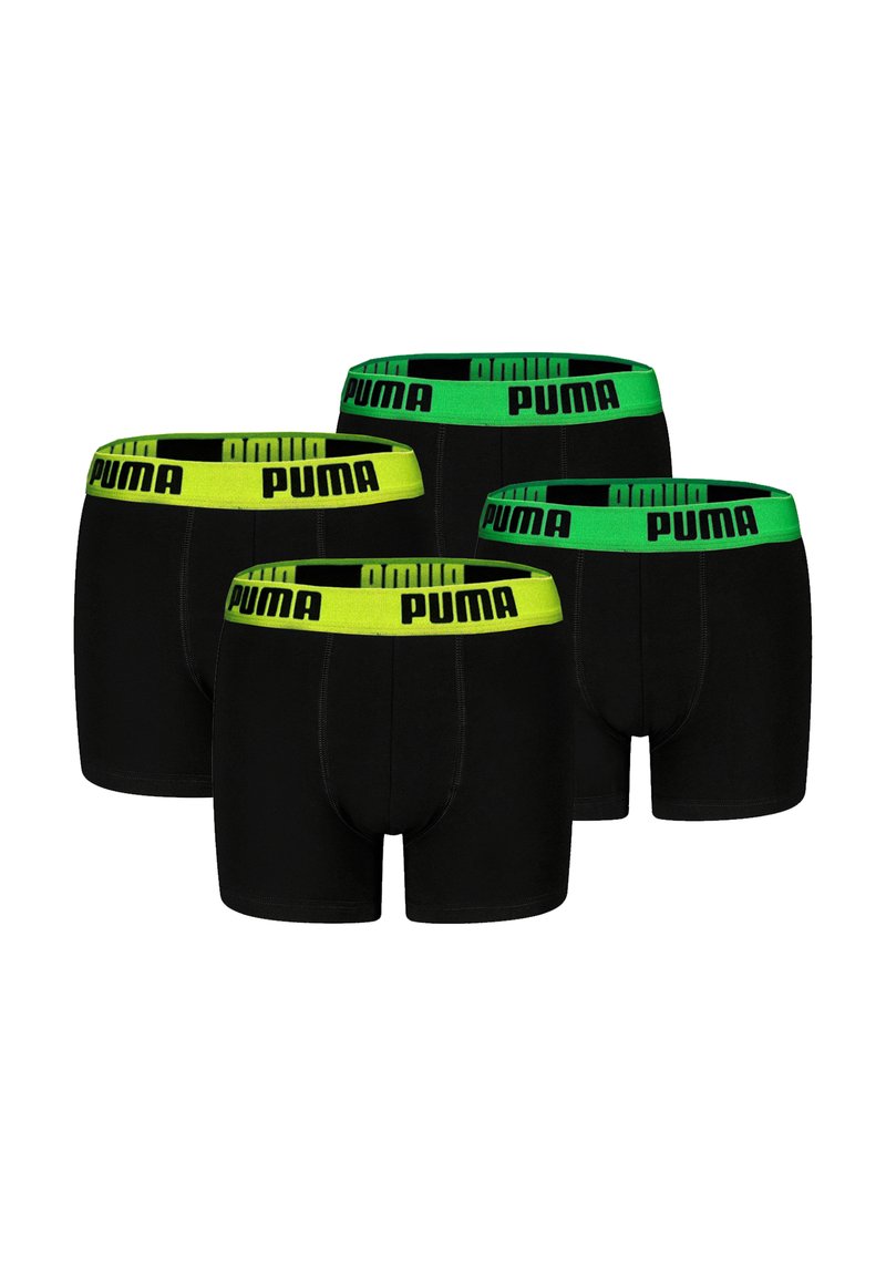 Black boxer shorts with PUMA logoed elastic waistbands; two pairs have bright green bands, and two feature vibrant yellow bands. Soft cotton material.