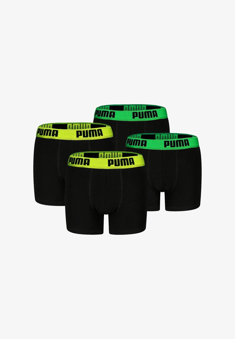 Schwarze Boxershorts mit elastischem Bündchen mit PUMA-Logo; zwei Paare haben knallgrüne Bündchen und zwei weisen leuchtend gelbe Bündchen auf. Weiches Baumwollmaterial.
