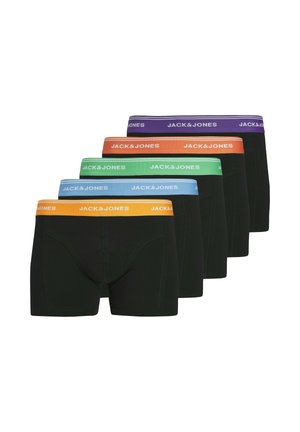 Cinco pares de bóxers para hombre negros con cinturillas en naranja, azul, verde, rojo y morado, cada una con la marca "JACK & JONES".