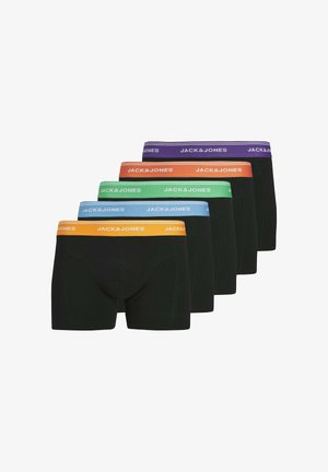 Vijf paar zwarte herenboxerslips met taillebanden in oranje, blauw, groen, rood en paars, elk voorzien van het merk "JACK & JONES."
