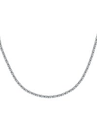 Collana in argento con anelli circolari intrecciati, texture liscia e design uniforme, con una finitura lucida.