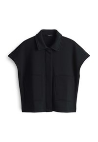 Schwarze kurzärmlige Jacke mit Kragen aus weichem Stoff, mit zwei aufgesetzten Taschen vorne und geradem Schnitt.