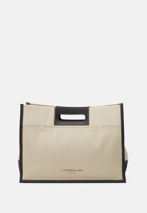 Beige rechteckige Tragetasche mit schwarzem Rand, Aussparung für Griffe und "Liebeskind Berlin" Logo in der vorderen Mitte.