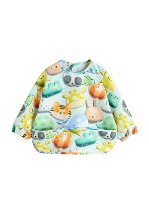 Blouse pour enfants à manches longues en tissu doux et léger, ornée d'un motif coloré d'animaux de dessin animé et de formes sur un fond bleu pastel.