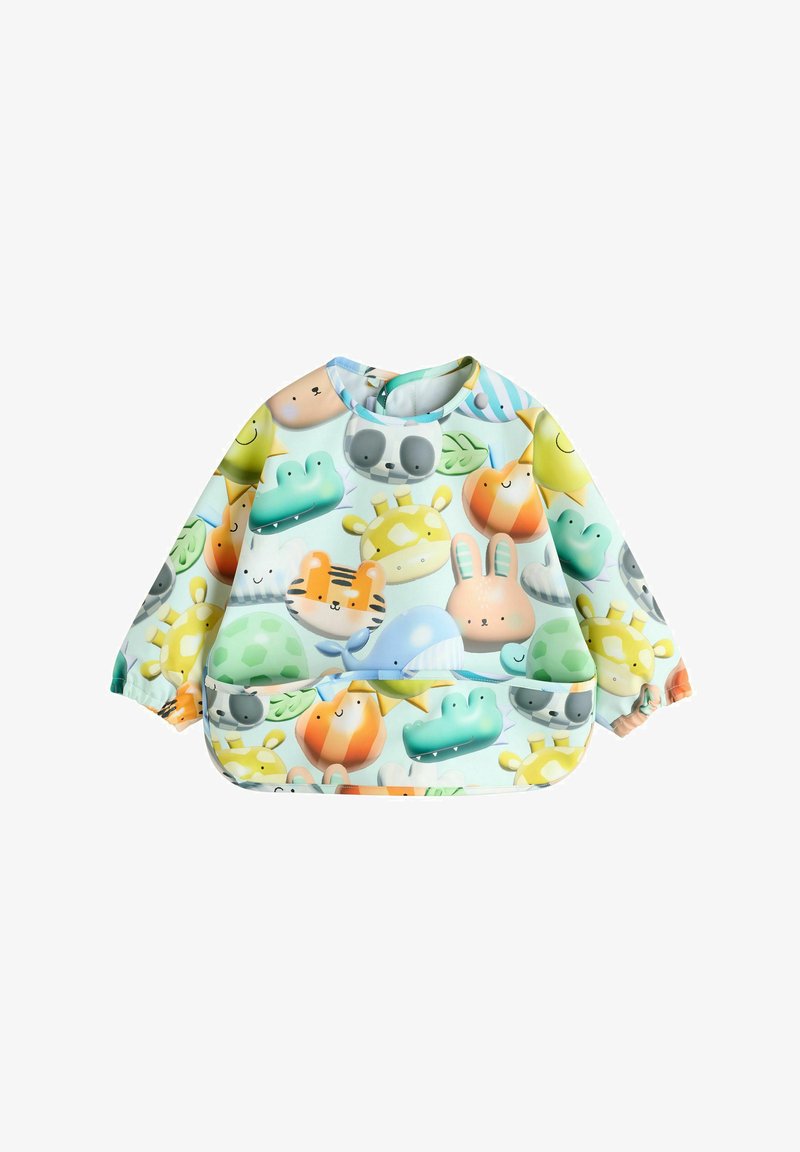 Camicia a maniche lunghe per bambini in tessuto morbido e leggero, caratterizzata da un motivo colorato di animali e forme dei cartoni animati su uno sfondo blu pastello.