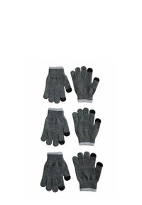 Graue gestrickte fingerlose Handschuhe mit schwarzen Spitzen an Daumen und Zeigefinger. Gerippte Handgelenkbündchen; zwei Paare gezeigt, eines mit fünf Fingern, eines mit drei.
