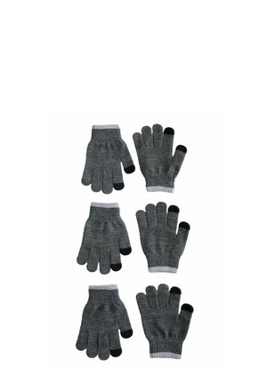 Guantes de lana grises sin dedos con puntas negras en el pulgar y el índice. Puños acanalados; se muestran dos pares, uno con cinco dedos y otro con tres.