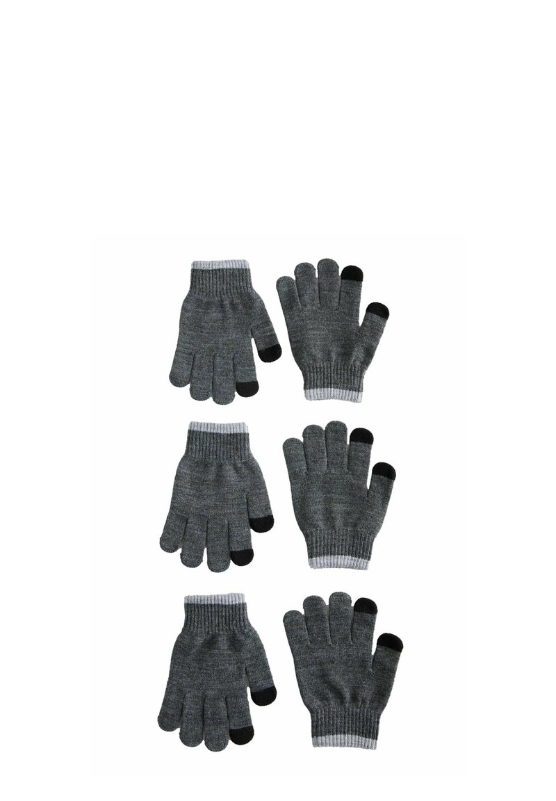 Graue gestrickte fingerlose Handschuhe mit schwarzen Spitzen an Daumen und Zeigefinger. Gerippte Handgelenkbündchen; zwei Paare gezeigt, eines mit fünf Fingern, eines mit drei.