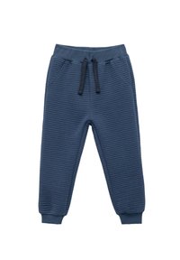 Mørkeblå sweatpants lavet af ribbet materiale. Har en elastisk talje med snor, sidelommer og tapered manchetter.