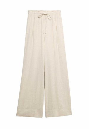 Pantalon large en lin beige avec taille élastique et cordon de serrage, conçu pour une coupe ample et confortable.