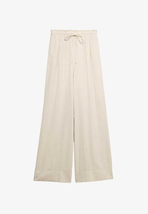 Beige linnen broek met wijde pijpen, elastische tailleband en aantrekkoord, ontworpen voor een losse en comfortabele pasvorm.