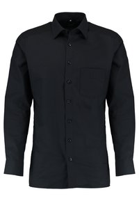 Camicia nera a maniche lunghe realizzata in tessuto liscio, con colletto a bottoni, taschino frontale e polsini a un bottone. Design semplice e monocolore.