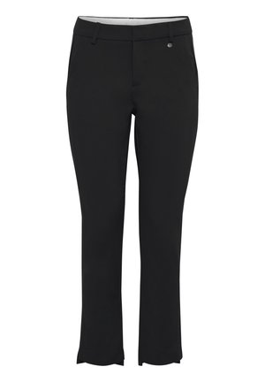 Pantaloni neri in strech con design a gamba dritta, dotati di vita standard, tasche frontali e dettagli di cucitura discreti.