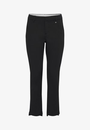 Black stretch trousers with a straight leg design, featuring a standard waistband, front pockets, and subtle stitching details.