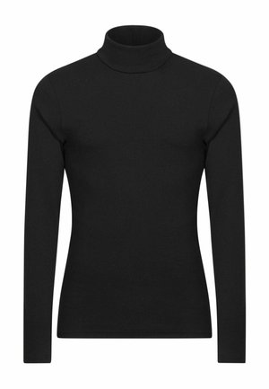 Maglietta nera a collo alto con maniche lunghe realizzata in un tessuto liscio e elastico. Presenta un design aderente con un colletto alto e senza ulteriori motivi.