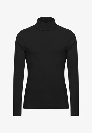 Maglietta nera a collo alto con maniche lunghe realizzata in un tessuto liscio e elastico. Presenta un design aderente con un colletto alto e senza ulteriori motivi.