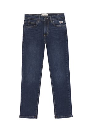 Jeans in denim blu scuro con cinque tasche, zip frontale e cuciture dorate a contrasto. Design classico a gamba dritta con una finitura leggermente sbiadita.