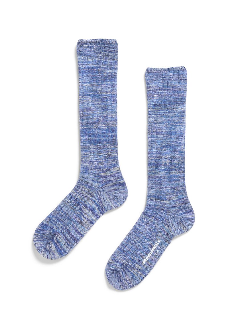 Chaussettes bleues en fil texturé et mélangé. Dotées d'un bord côtelé et d'un renfort au niveau des orteils et du talon. Étiquetées avec "ANDERSEN'S" sur la semelle.