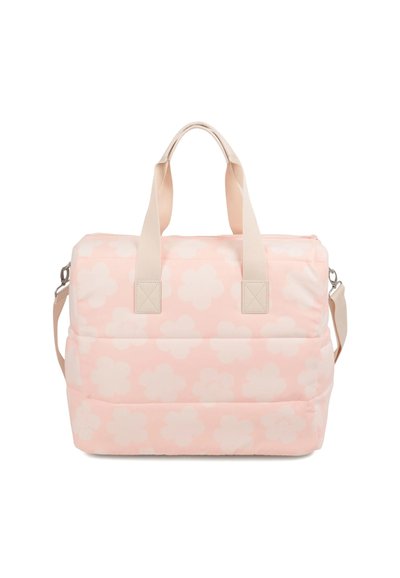 Sac rembourré rose avec des motifs floraux légers, poignées supérieures robustes et une bandoulière ajustable. Texture douce et forme rectangulaire.