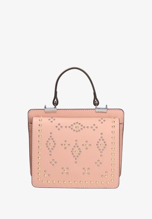 Pink leather handbag featuring metallic studs arranged in a diamond pattern, with a structured shape and short handle for carrying.