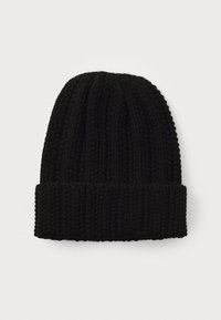 Zwarte gebreide muts met een ribbelstructuur en een omgeslagen rand. Het ontwerp is eenvoudig en niet versierd, geschikt voor casual draag.