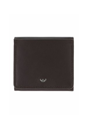 Portefeuille en cuir marron foncé avec des coutures visibles et un petit logo argenté centré en bas sur fond blanc.