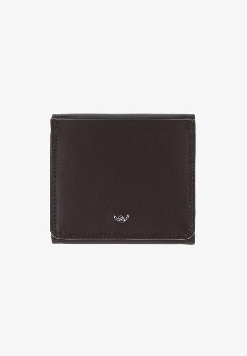 Portefeuille en cuir marron foncé avec des coutures visibles et un petit logo argenté centré en bas sur fond blanc.