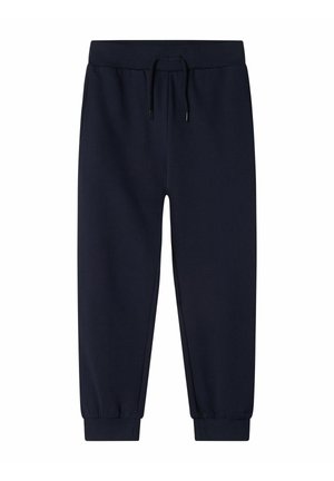 Pantalons de survêtement bleu marine en tissu doux, dotés d'une taille élastique avec cordon de serrage, et de poignets cintrés aux chevilles.