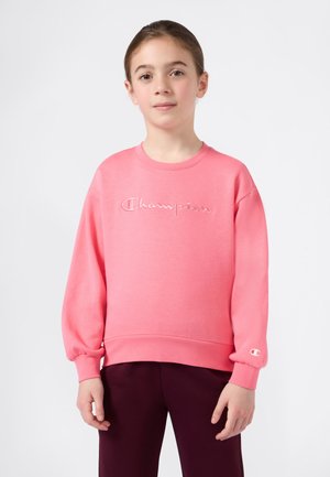 Jeune personne à la peau claire et aux cheveux bruns attachés, portant un sweat-shirt Champion rose vif et un pantalon bordeaux foncé, se tenant devant un fond blanc.