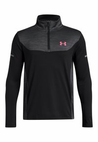 Zwart en donkergrijs sportpullover met lange mouwen en kwartrits, roze Under Armour-logo op de borst en reflecterende strepen op de mouwen.