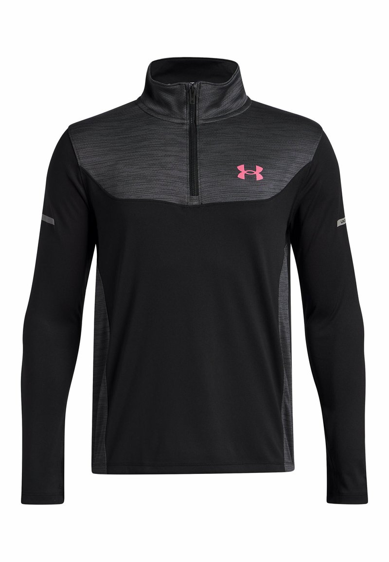 Zwart en donkergrijs sportpullover met lange mouwen en kwartrits, roze Under Armour-logo op de borst en reflecterende strepen op de mouwen.