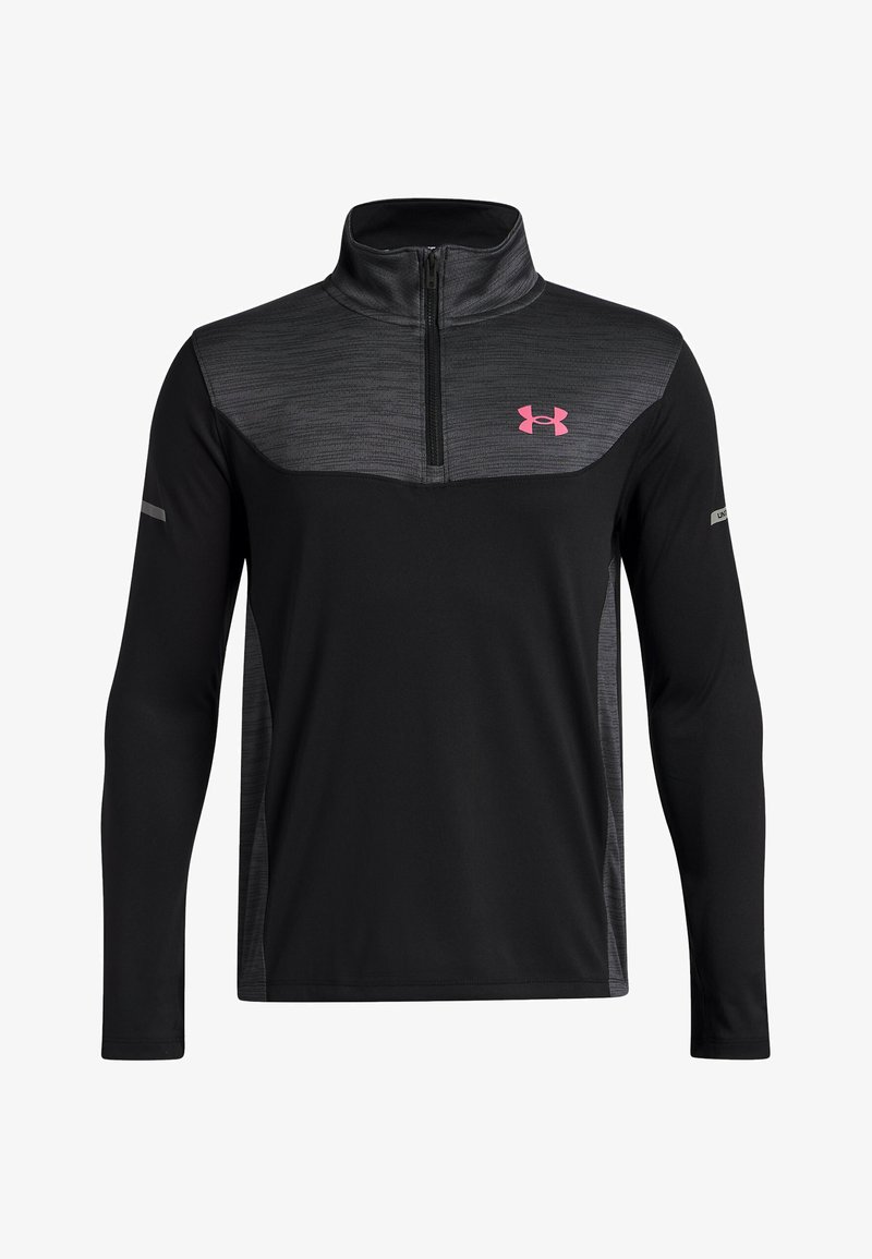 Juodas ir tamsiai pilkas ilgomis rankovėmis sportinis puloveris su ketvirčio užtrauktuku, rožinė "Under Armour" logo ant krūtinės ir atspindinčios juostelės ant rankovių.