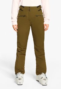 Olivgrüne Skihosen mit hoher Taille, vorderen Reißverschlusstaschen und sichtbaren Knöpfen. Hergestellt aus glattem Stoff mit leicht gepolsterter Textur.