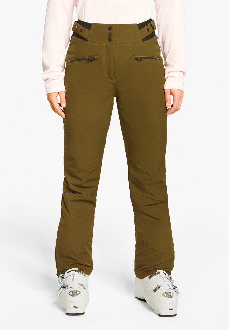 Olivgrüne Skihosen mit hoher Taille, vorderen Reißverschlusstaschen und sichtbaren Knöpfen. Hergestellt aus glattem Stoff mit leicht gepolsterter Textur.