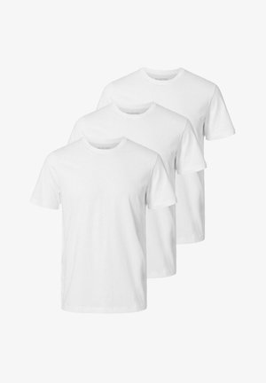 Weiße Baumwoll-T-Shirts im Rundhalsdesign mit kurzen Ärmeln und normaler Passform. Drei T-Shirts sind in einer Reihe angeordnet.