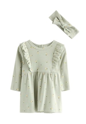 Groen geribd jurkje met bloemenprint en ruches langs de schouders; inclusief bijpassende geknoopte hoofdband.