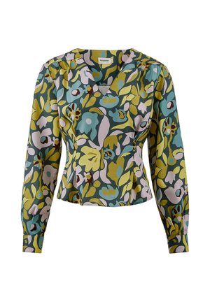 Langärmlige, figurbetonte Bluse mit V-Ausschnitt, die ein abstraktes florales Muster in grünen, blauen, gelben und rosa Tönen aufweist.