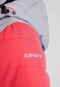 Rote und graue wattierte Jacke mit einer strukturierten grauen Kapuze, die ein Logo am Ärmel trägt. Das Design umfasst kontrastierende Farbblöcke und Nähte.