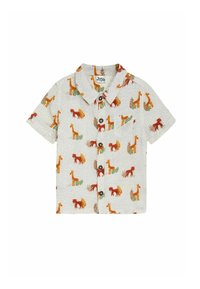 Kortærmet skjorte i lys beige stof, med multifarvede dinosaur- og bladmønstre; knaplukning foran og klassisk kravedesign.