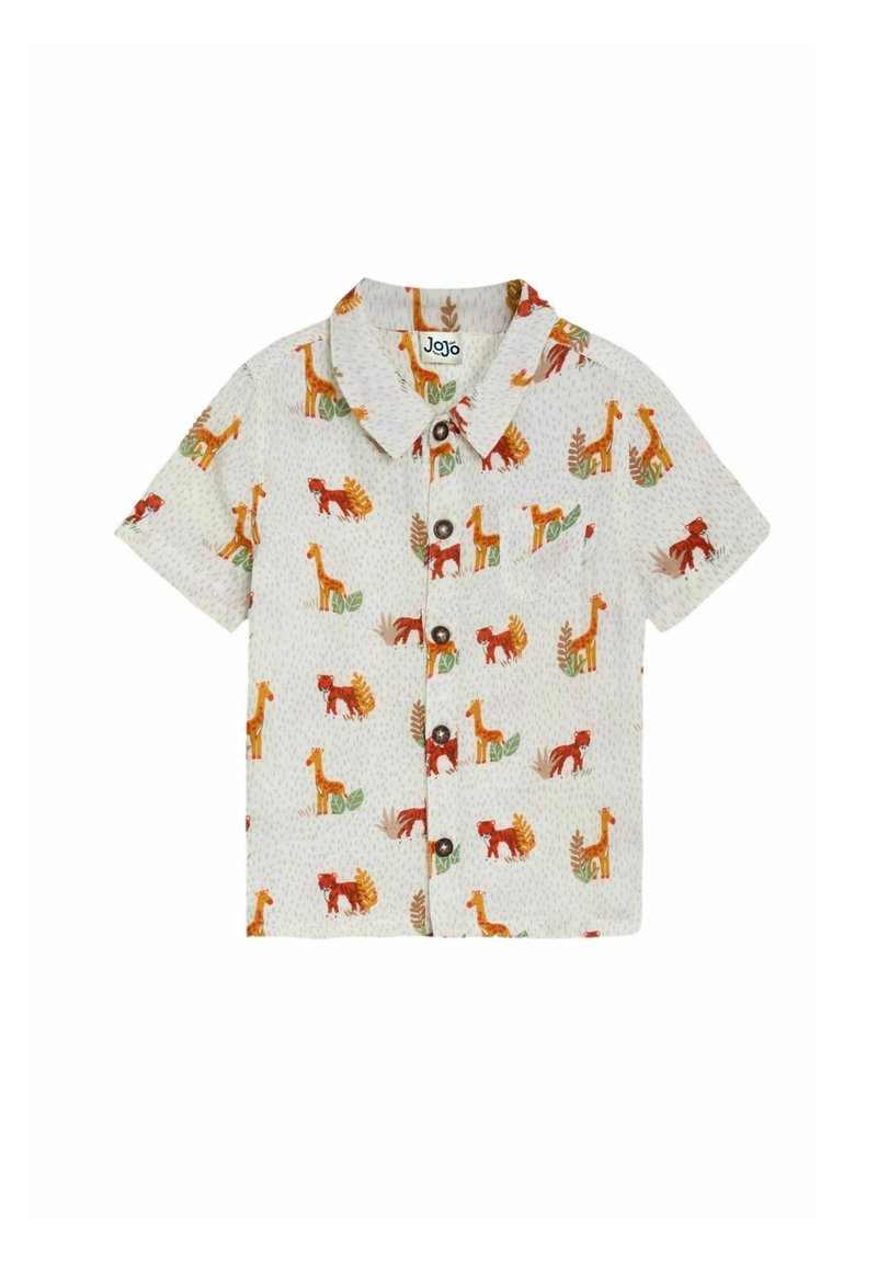 Kortærmet skjorte i lys beige stof, med multifarvede dinosaur- og bladmønstre; knaplukning foran og klassisk kravedesign.