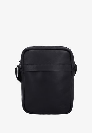 Schwarze Leder-Umhängetasche mit glatter Oberfläche, rechteckiger Form, Reißverschluss und verstellbarem Riemen. Verfügt über eine Vorderfach.