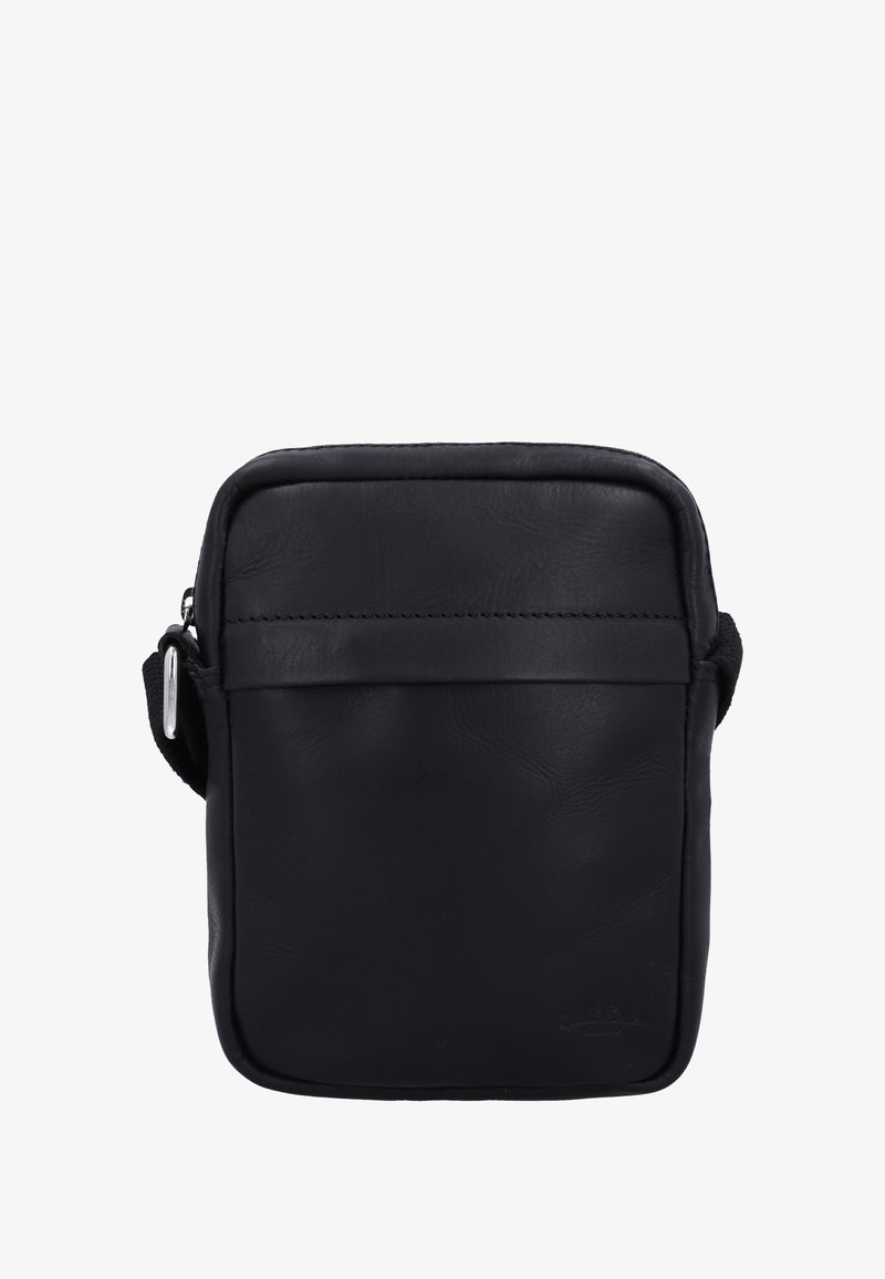 Schwarze Leder-Umhängetasche mit glatter Oberfläche, rechteckiger Form, Reißverschluss und verstellbarem Riemen. Verfügt über eine Vorderfach.