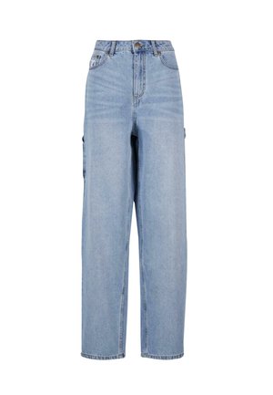 Jeans en denim bleu clair, taille haute et à jambe large, avec deux poches latérales et des coutures visibles le long des coutures.